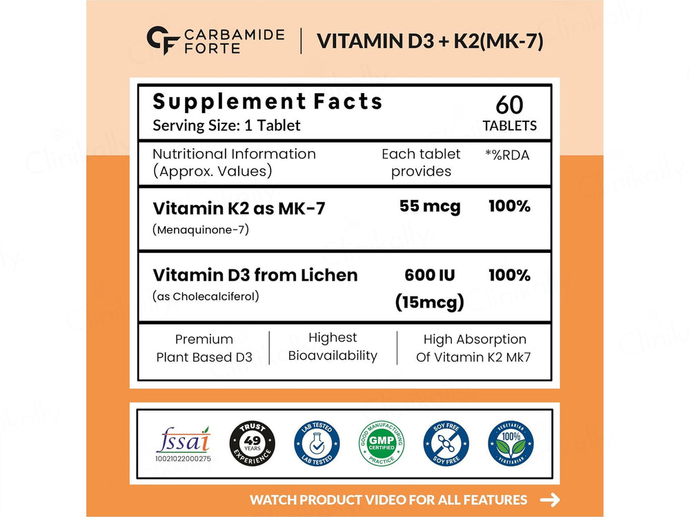 Carbamide Forte Vitamin D3 + Vitamin K2 MK7 Tablet