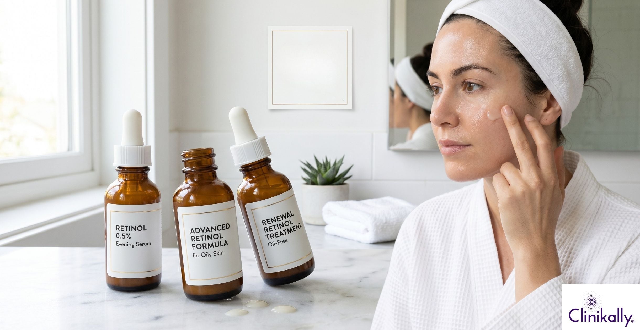 Woman applying retinol serum with skincare bottles on counter