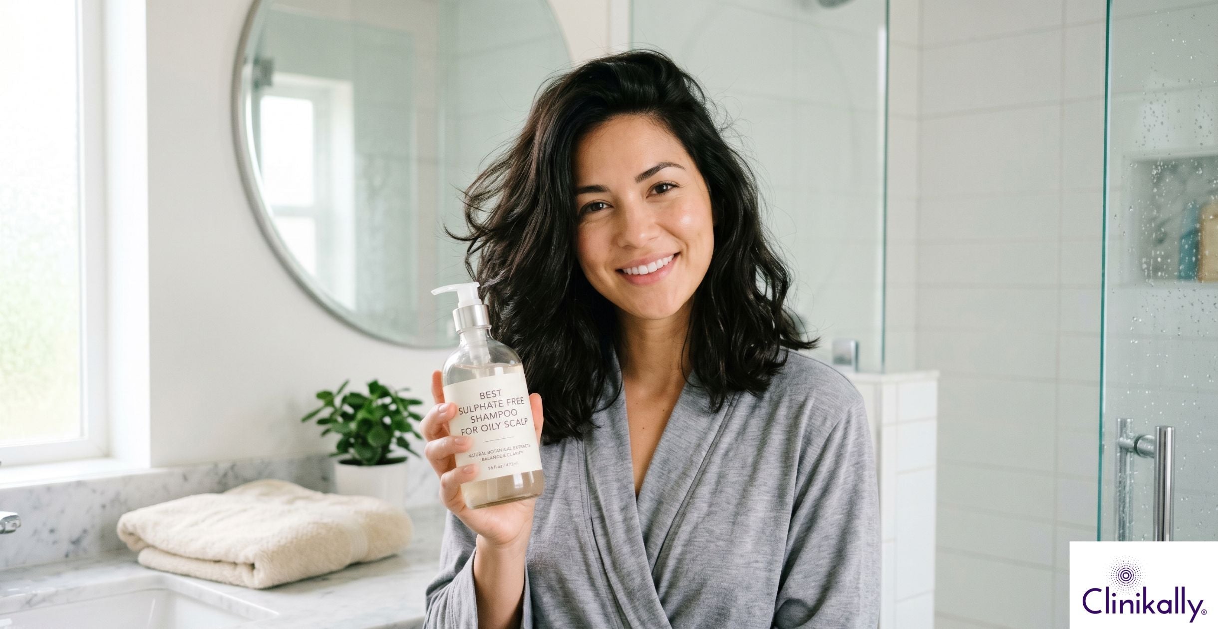 Woman holding sulphate-free shampoo bottle