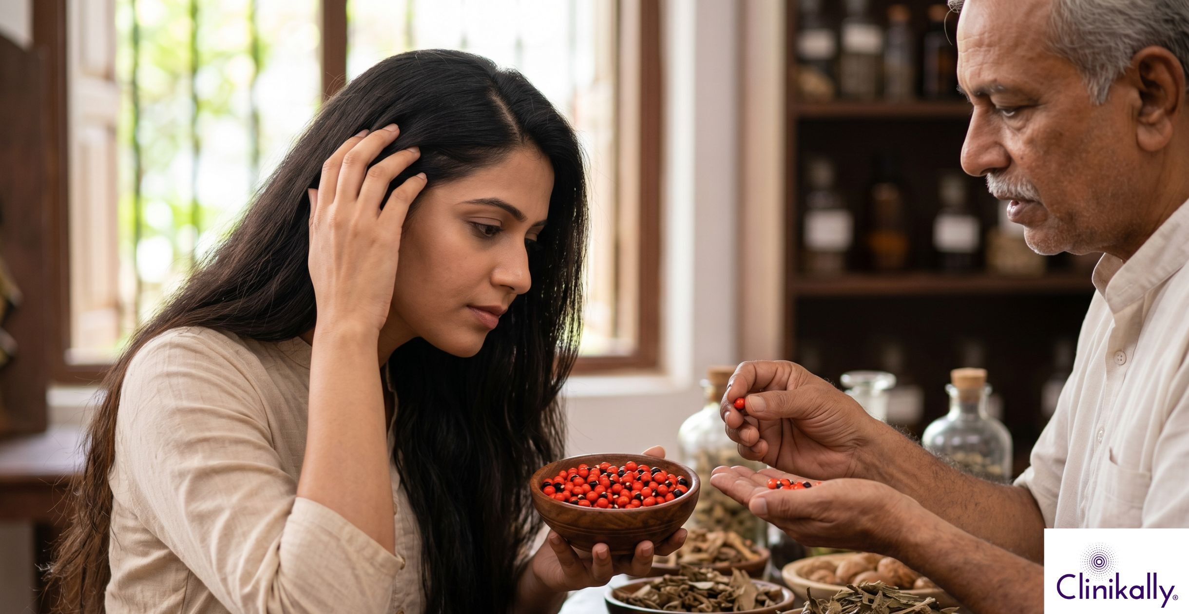 Man showing Gunja seed to woman