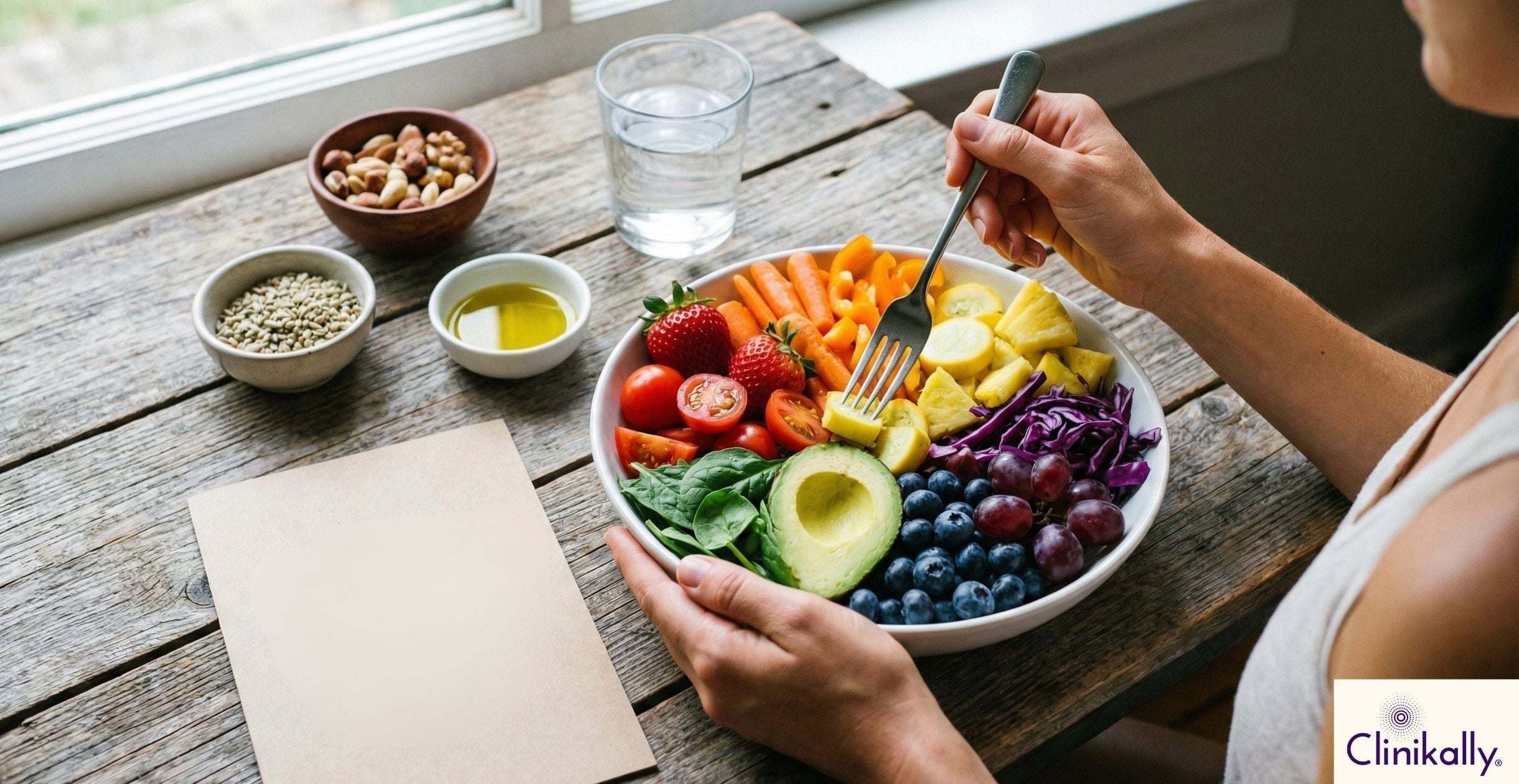 Woman eating colorful fruits and vegetable