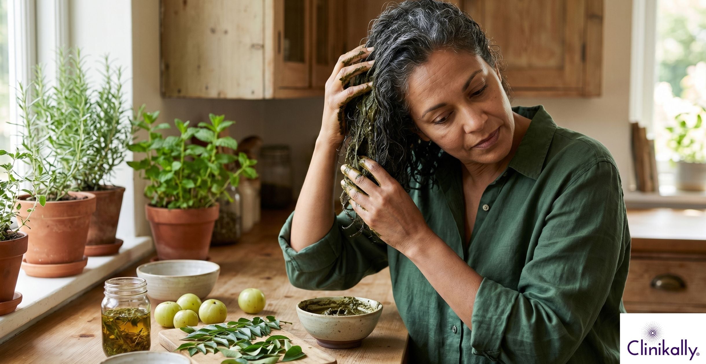 Women applying herbal mask for grey hair care
