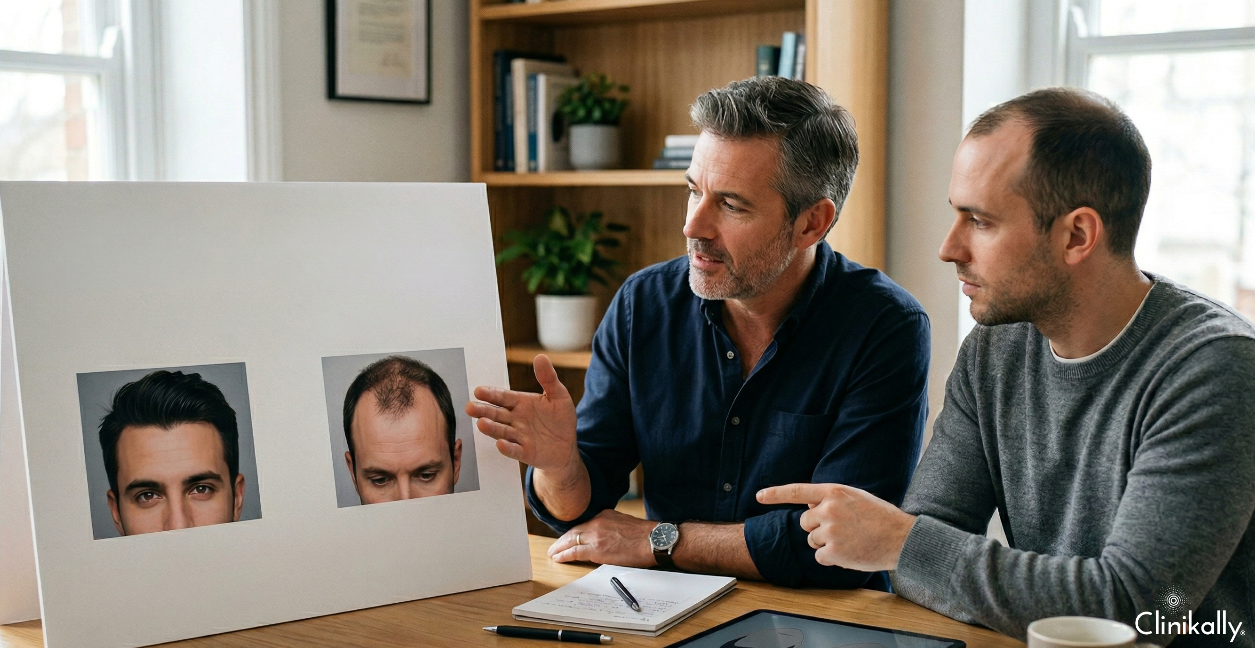 Specialist explaining hair loss stages to a patient.