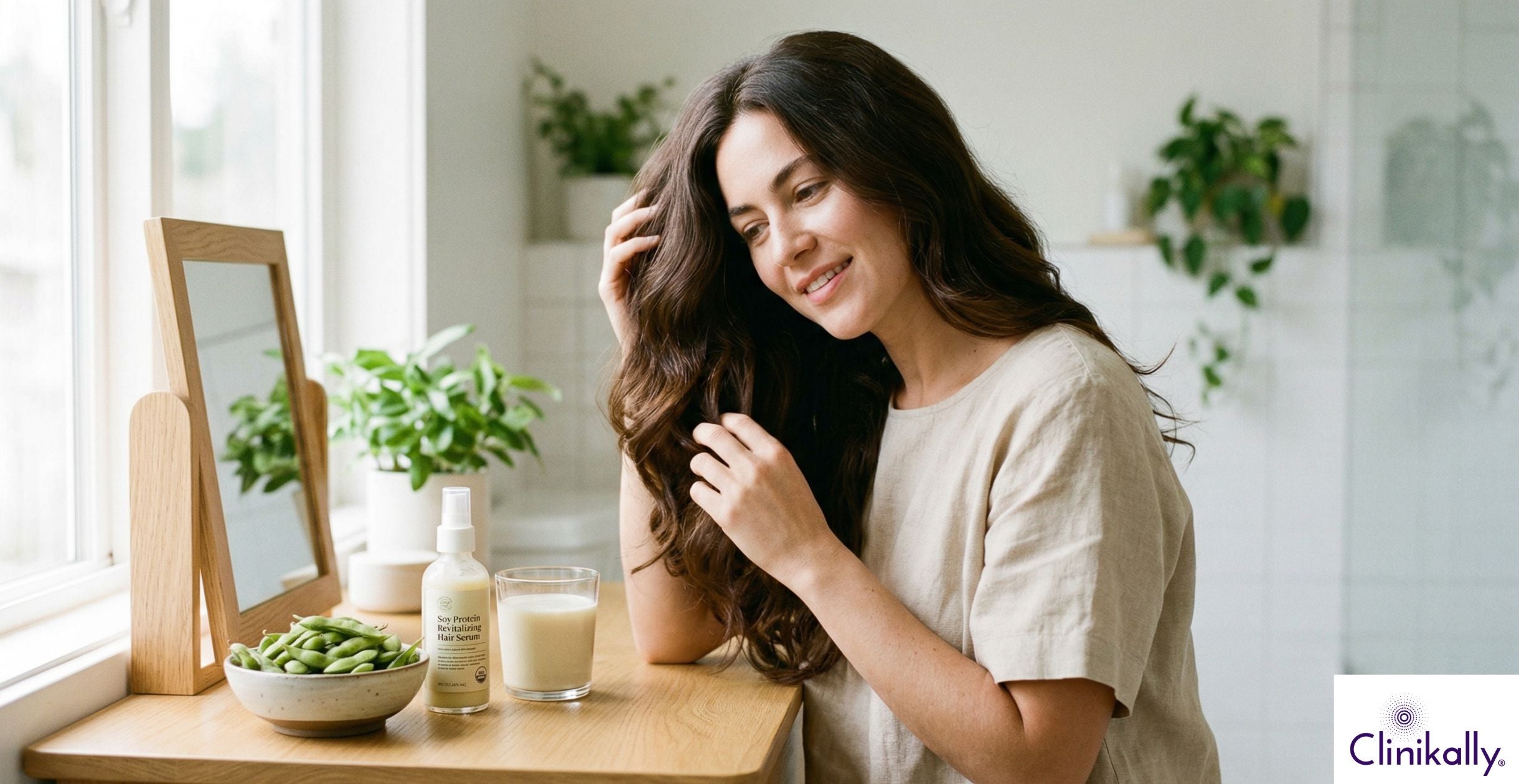 Woman using soy protein hair serum