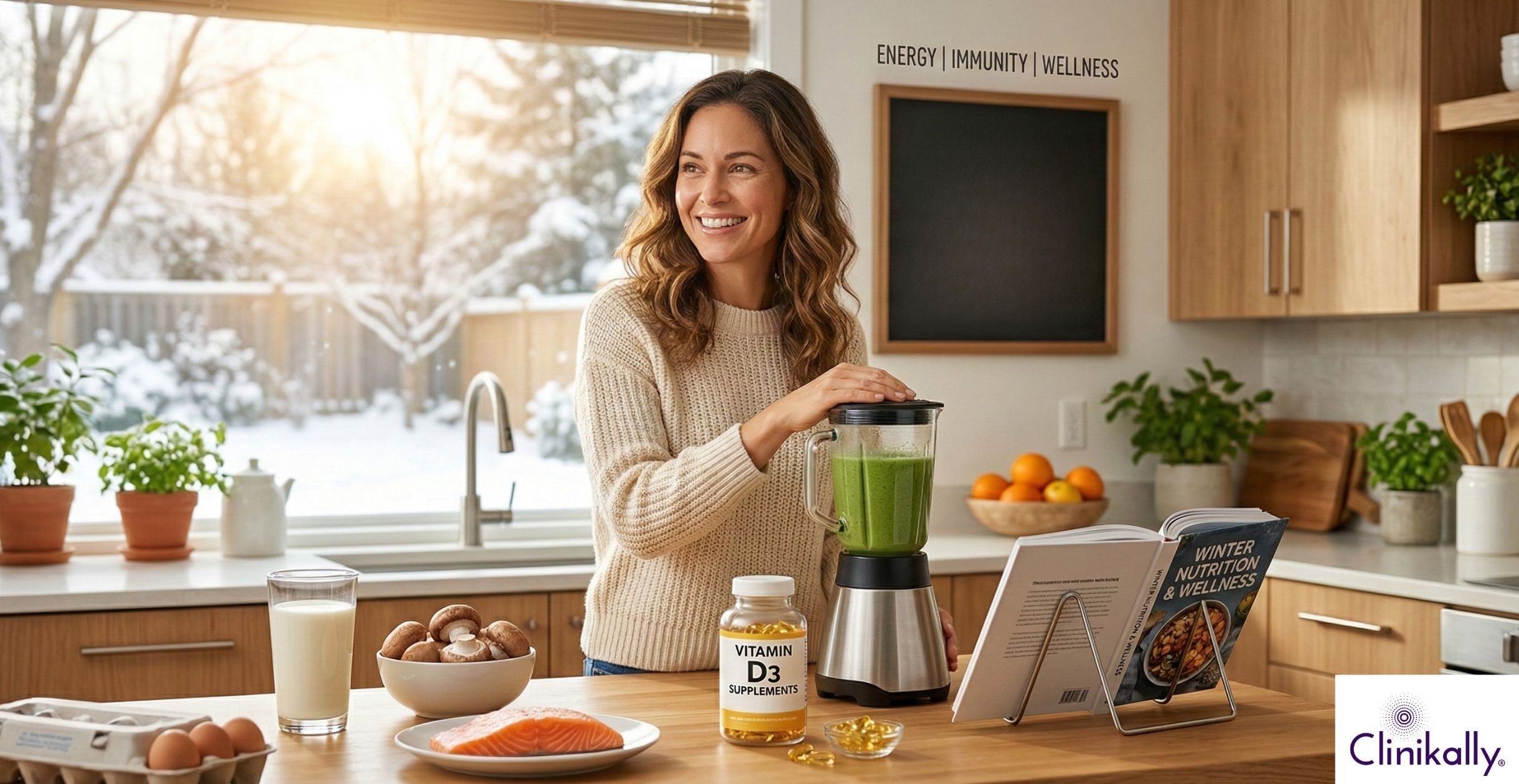 Woman preparing a smoothie with vitamin D foods in winter