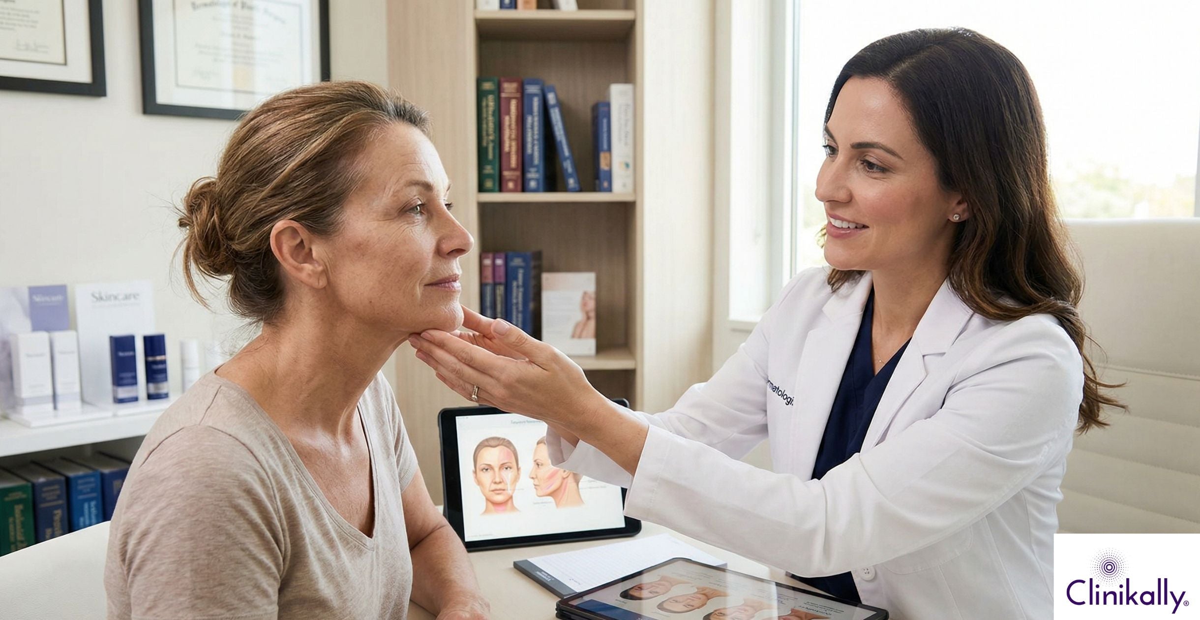 Dermatologist examining patient for facelift treatment