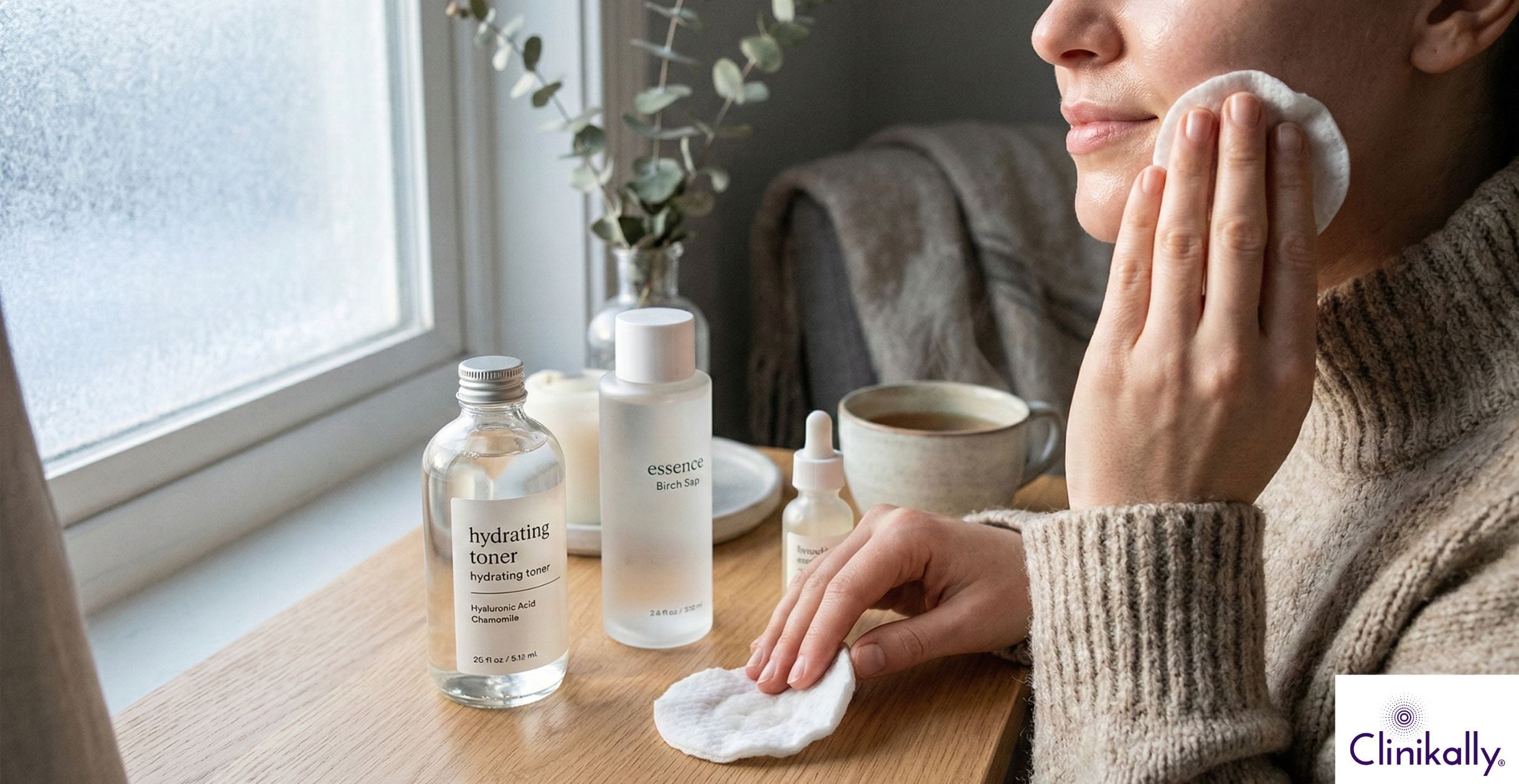 Woman applying toner during winter skincare routine