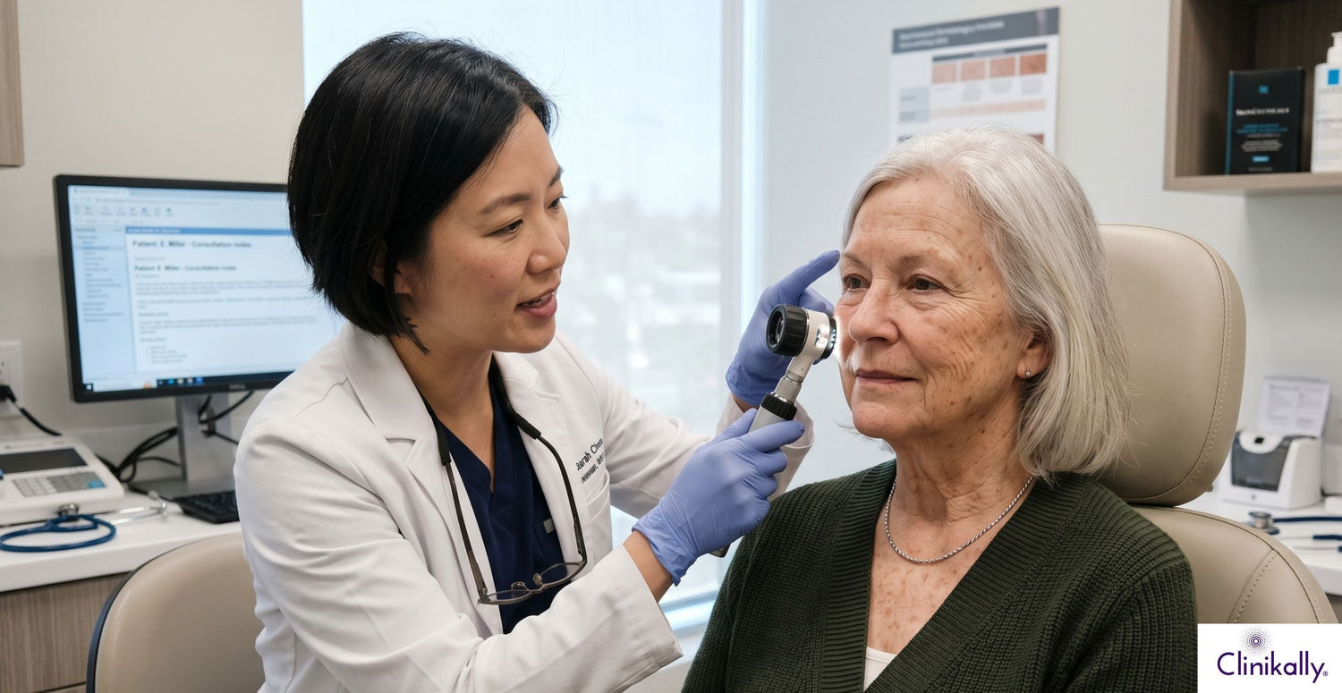 A women is getting diagnosed for Skin Ageing by a dermatologist.