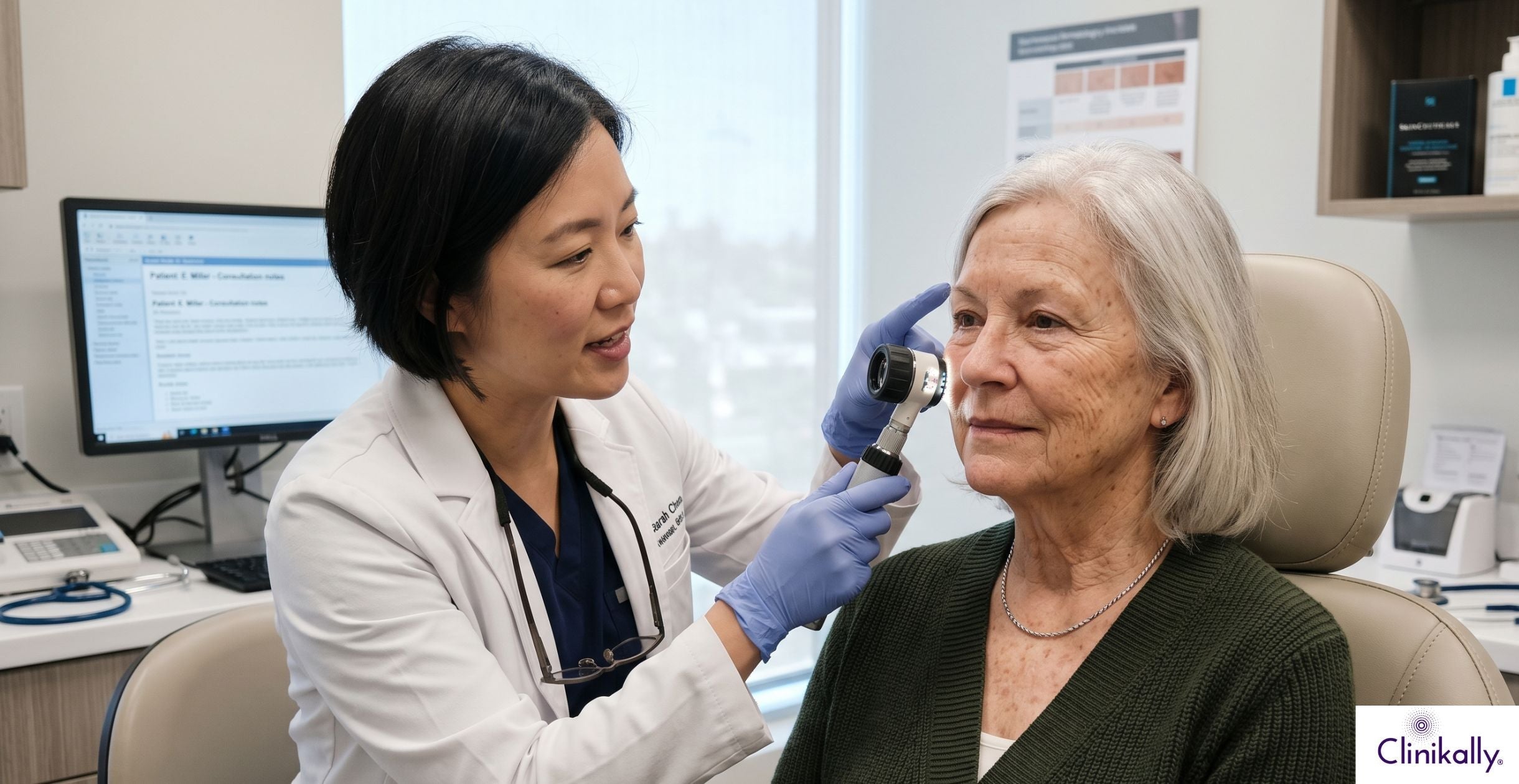 A women is getting diagnosed for Skin Ageing by a dermatologist.