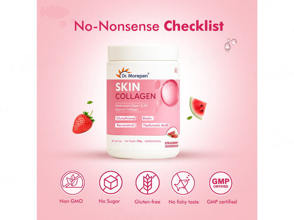 Dr. Morepen Hydrolyzed Type I & III Marine Skin Collagen Powder - Strawberry Watermelon Flavour