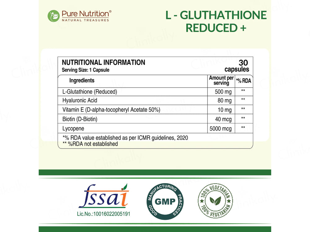 glutathione rda value Buy Pure Nutrition L-Glutathione Reduced+ with Hyaluronic Acid, Vitamin E,  Biotin Veg Capsule Online at Best Price