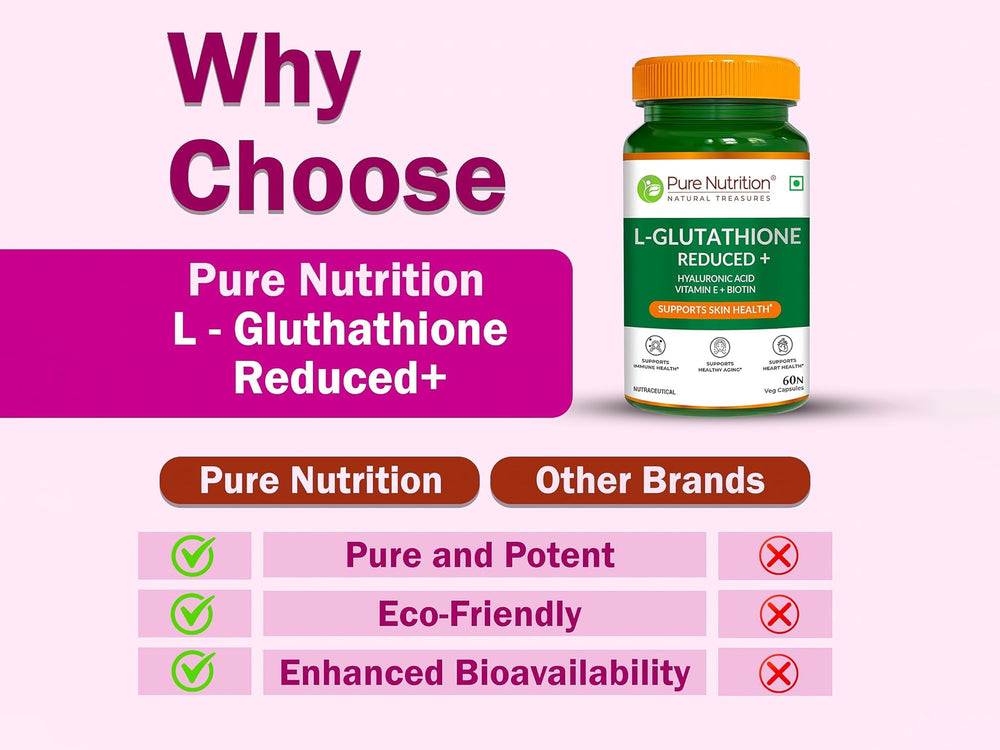 glutathione vs biotin Buy Pure Nutrition L-Glutathione Reduced+ with Hyaluronic Acid, Vitamin E,  Biotin Veg Capsule Online at Best Price
