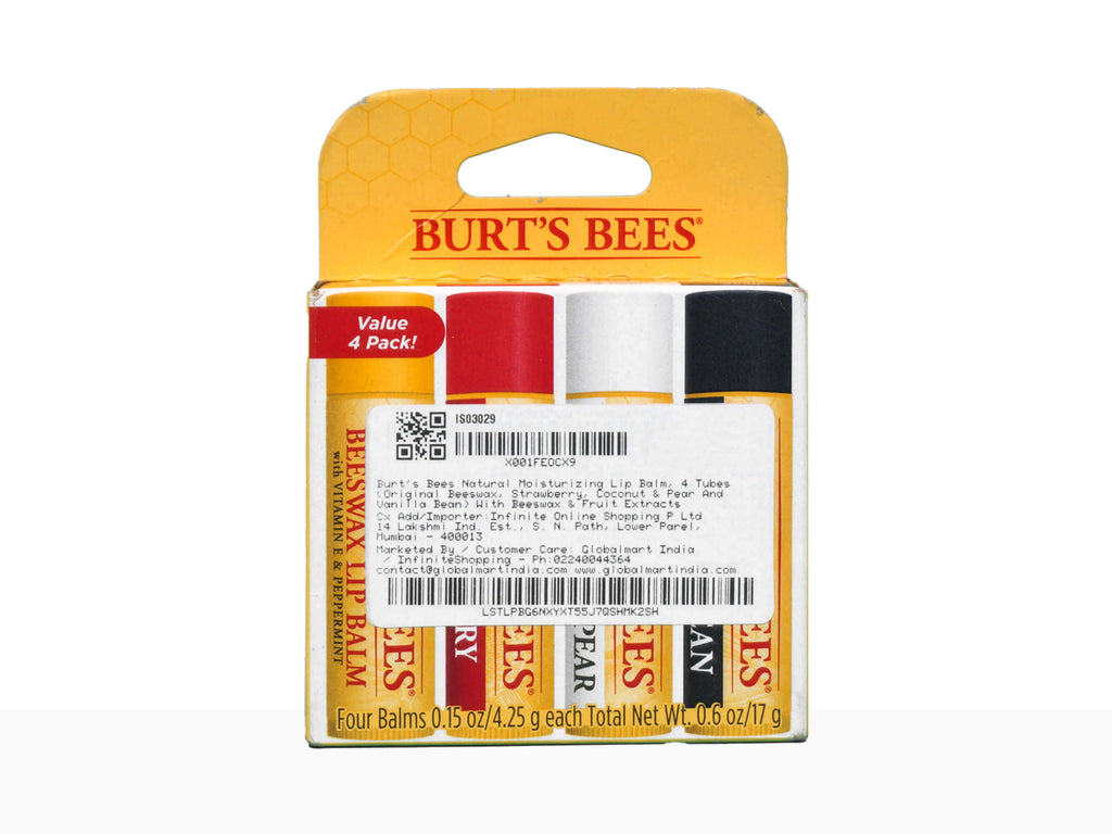 Burt's Bees Natural Moisturizing Lip Balm (Original Beeswax, Strawberry,  Coconut & Pear & Vanilla Bean) With Beeswax & Fruit Extracts (Pack Of 4)